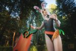  1girl battle_bunny_riven black_clothes blush breasts bunny_ears cleavage cosplay costume fingering latex league_of_legends leotard leotard_aside photo pussy riven_(league_of_legends) riven_(league_of_legends)_(cosplay) shaved_pussy solo standing stuffed_toy sword tagme thigh_gap thighs uncensored weapon white_hair 