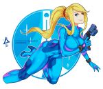  artist_name ass blonde_hair blue_eyes bodysuit breasts cropped_legs erica_june_lahaie gun high_heels large_breasts looking_at_viewer metroid metroid_(creature) parted_lips patreon_username ponytail samus_aran silhouette simple_background smile solo thick_thighs thighs toned watermark weapon web_address zero_suit 