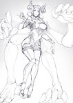  absurdres antennae bangs barefoot breasts breasts_apart claws extra_arms extra_eyes grey_background greyscale hand_up highres insect_girl large_breasts looking_at_viewer monochrome monster_girl nakamura_regura original parted_bangs parted_lips solo 