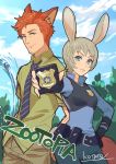  1girl animal_ears belt blue_eyes blue_neckwear blue_pants blue_shirt blue_sky bulletproof_vest bunny_ears closed_mouth cloud cloudy_sky commentary_request contrapposto day fox_ears fox_tail grey_hair hand_on_hip highres holding humanization judy_hopps kotatsu_(g-rough) necktie nick_wilde outdoors pants police police_badge police_uniform policewoman pouch red_hair shirt short_hair signature sky smile standing tail uniform vest zootopia 