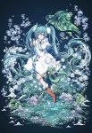  absurdly_long_hair absurdres azure-aoi- beamed_eighth_notes blue_eyes brown_footwear bunny dress eighth_note flower full_body fur_trim hatsune_miku highres holding holding_leaf leaf long_hair looking_at_viewer midair musical_note rock smile snowbell_(flower) snowflakes treble_clef very_long_hair vocaloid white_dress yuki_miku yukine_(vocaloid) 