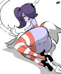  1girl ass bare_shoulders bigdead93 blue_hair blue_skin breasts detached_collar detached_sleeves hair_over_one_eye high_heels nipples nude pussy pussy_juice red_eyes skullgirls solo squigly_(skullgirls) stitched_mouth stitches striped striped_legwear striped_sleeves twintails zombie 