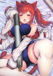  animal_ears azur_lane between_breasts blush breasts cat_ears cat_tail commentary_request hair_ornament i-19_(azur_lane) jacket long_hair looking_at_viewer naughty_face object_hug one-piece_swimsuit red_eyes red_hair school_swimsuit solo spread_legs swimsuit tail thighhighs tongue tongue_out torpedo twintails yoshiheihe 