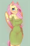  2018 absurd_res anthro anthrofied bare_shoulder breasts cleavage clothed clothing digital_media_(artwork) equine evehly eyelashes feathered_wings feathers female fluttershy_(mlp) friendship_is_magic hair hi_res long_hair looking_at_viewer mammal my_little_pony pegasus pink_hair simple_background smile solo sweater teal_eyes url wings 