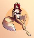  2018 4_toes 5_fingers anthro bra canine clothing collar digital_media_(artwork) dog female fluffy fluffy_tail hair heterochromia mammal midriff navel red_hair simple_background smile solo spefides toes underwear 
