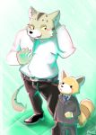  aggressive_retsuko anthro axaeldraw blush cat clothing dress_shirt feline male mammal manumaru necktie pallas&#039;s_cat red_panda resasuke sanrio shirt standing suit 