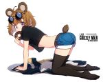  ahoge all_fours animal_ears ass bear_ears bear_tail black_legwear breasts brown_hair character_name commentary_request crop_top denim denim_shorts doughnut eating eyebrows_visible_through_hair eyewear_on_head food from_side full_body girls_frontline grizzly_mkv grizzly_mkv_(girls_frontline) gun jacket jacket_removed looking_at_viewer midriff mouth_hold narynn purple_eyes see-through_silhouette short_hair short_shorts shorts small_breasts solo tail tan thighhighs weapon younger 