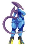  2018 absurd_res alien anthro big_breasts big_butt blush bodysuit breasts butt clothing crossgender digital_media_(artwork) dragon fangs female hand_on_hip hi_res looking_at_viewer looking_back membranous_wings metroid nintendo ridley scalie simple_background skinsuit space_dragon_(metroid) sssonic2 teeth thick_thighs tight_clothing video_games white_background wings zero_suit 
