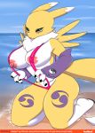  2018 big_breasts blue_eyes breasts canine digimon female fur mammal nipples nomnoms_(artist) nude renamon solo yellow_fur 