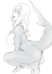  ass barefoot breasts fins from_side gills greyscale highres large_breasts long_hair monochrome monster_girl multicolored multicolored_skin nakamura_regura nipples nude open_mouth original shark_girl shark_tail sharp_teeth sharp_toenails simple_background solo squatting tail teeth toenails white_background 