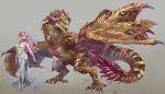  2018 breasts capcom claws dragon duo female feral gold_rathian hair human kiguri mammal membranous_wings monster_hunter pink_hair rathian simple_background standing video_games wings wyvern 