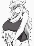  1girl age_difference bare_shoulders baseball_cap blush breast_rest breasts child cleavage dragon_horns greyscale half-closed_eyes hat heterochromia hhsi horns hug hug_from_behind kobayashi-san_chi_no_maidragon large_breasts long_hair magatsuchi_shouta monochrome quetzalcoatl_(maidragon) shorts simple_background smile sweat tank_top white_background 