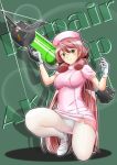  akashi_(kantai_collection) character_name full_body glint gloves green_background green_eyes hair_ribbon hat holding holding_weapon kantai_collection lens_flare long_hair looking_at_viewer mokerou nurse nurse_cap one_knee oversized_object panties panties_under_pantyhose pantyhose pink_hair ribbon simple_background solo syringe tress_ribbon underwear weapon white_gloves white_legwear white_panties 