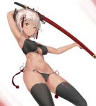  ? ahoge armpits black_bow black_legwear black_panties blush bow breasts commentary_request covered_nipples dark_skin fate/grand_order fate_(series) groin hair_bow hair_ornament highres holding holding_sword holding_weapon large_breasts looking_at_viewer navel okita_souji_(alter)_(fate) okita_souji_(fate)_(all) panties pixel_(yuxian) short_hair solo sword tan thighhighs underboob underboob_cutout underwear wardrobe_malfunction weapon white_hair yellow_eyes 