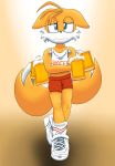  blue_eyes canine clothed clothing crossdressing cub embarrassed fox foxkai fur hooters male mammal miles_prower shorts sonic_(series) yellow_fur young 