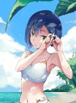  bangs bare_shoulders beach blue_hair blue_sky breasts cloud cloudy_sky collarbone commentary_request copyright_name dark_blue_hair darling_in_the_franxx dated day green_eyes ha_neko hair_between_eyes hair_ornament hairclip ichigo_(darling_in_the_franxx) looking_to_the_side midriff navel ocean open_mouth outdoors short_hair signature sky small_breasts solo standing stomach sunlight swimsuit teeth tree water 