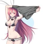  :d animal_ears arms_up bikini black_bikini breasts bunny_ears collarbone commentary_request cowboy_shot frilled_bikini frills grin long_hair looking_at_viewer maid_bikini medium_breasts navel open_mouth original outstretched_arm pink_hair red_eyes saiste simple_background smile solo swimsuit undressing very_long_hair white_background 