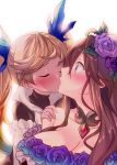  age_difference backlighting blonde_hair blush breasts brown_hair cleavage closed_eyes commentary_request flower gem granblue_fantasy hair_flower hair_ornament hand_on_another's_shoulder io_euclase kiss komo_da leaf long_hair multiple_girls plant purple_eyes purple_flower purple_rose rose rosetta_(granblue_fantasy) surprised twintails upper_body vines yuri 
