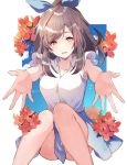  armpit_peek bangs bare_legs blue blue_bow blue_skirt blush bow breasts brown_eyes brown_hair carry_me cloud collarbone collared_shirt eyebrows_visible_through_hair flower foreshortening hair_bow idolmaster idolmaster_shiny_colors large_breasts long_hair looking_at_viewer open_mouth outstretched_arms ponytail red_flower shirt simple_background sitting skirt sky sleeveless sleeveless_shirt smile solo swept_bangs tsukioka_kogane ultone_(neisiss) white_background white_shirt wide_ponytail 