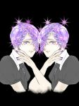  amethyst_(houseki_no_kuni) androgynous asymmetrical_hair black_background braid crystal_hair face-to-face gem_uniform_(houseki_no_kuni) hair_over_one_eye houseki_no_kuni kurage_(kikuragetourabu) looking_at_viewer multiple_others necktie purple_eyes purple_hair smile sparkle upper_body 