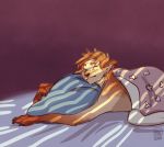  bed canine dog eyes_closed freckles hair handpaw human male mammal on_bed paws pillow reservoirdog_(artist) semi-anthro smile solo sunlight transformation under_covers weredog 