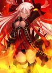  absurdres arm_behind_head bracer covered_nipples dark_skin fate/grand_order fate_(series) fire highres holding holding_weapon long_hair looking_at_viewer okita_souji_(alter)_(fate) okita_souji_(fate)_(all) paperfinger solo thighhighs very_long_hair weapon white_eyes white_hair 