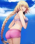  alternate_costume ass back beach blonde_hair blue_bra blue_sky bra braid breasts cloud commentary day eyebrows_visible_through_hair fate/apocrypha fate/extella_link fate_(series) from_behind headphones headphones_around_neck highres jeanne_d'arc_(fate) jeanne_d'arc_(fate)_(all) long_braid long_hair looking_back outdoors pink_shorts purple_eyes short_shorts shorts sideboob single_braid sky tusia underwear very_long_hair 
