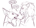 anthro black_and_white canine clothed clothing dialogue dog duo fangs feline female lion male mammal monochrome open_mouth reservoirdog_(artist) smile terrier whiskers 