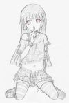  1girl alternate_costume choker eyebrows_visible_through_hair female finger_to_mouth hand_up long_hair looking_at_viewer matsumoto_rise midriff navel off_shoulder partially_colored red_eyes roua_no_sora skirt solo striped_legwear thighhhighs yuru_yuri 