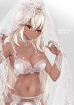  218 bare_shoulders bra breasts bridal_veil brown_hair choker cleavage collarbone commentary cowboy_shot dark_skin dated english_commentary garter_belt granblue_fantasy lace lace_bra lace_panties lips long_hair looking_to_the_side medium_breasts nail_polish navel panties solo stomach underwear underwear_only veil veil_lift white_hair yellow_eyes zooey_(granblue_fantasy) 