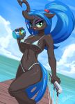  &lt;3 2018 anthro anthrofied beverage bikini blue_hair breasts burgerkiss changeling clothed clothing cola day dutch_angle female friendship_is_magic hair hi_res holding_object horn long_hair looking_at_viewer my_little_pony navel open_mouth pier ponytail queen_chrysalis_(mlp) sea seaside skimpy solo standing sweat swimsuit under_boob water 