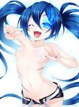 ;p belt black_hair black_rock_shooter black_rock_shooter_(character) black_shorts blue_eyes blue_hair blue_nails blush breasts clitoris_slip colored_eyelashes covered_nipples double_v groin happy highres hisasi long_hair medium_breasts nail_polish navel no_panties one_eye_closed open_clothes open_mouth open_shorts pasties pussy pussy_peek scar short_shorts shorts simple_background smile solo star_pasties stitches tongue tongue_out topless twintails unbuttoned v very_long_hair white_belt 