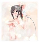  blush breast_hold breasts hair_ribbon love_plus medium_breasts nude ponytail ribbon showering solo takane_manaka xunipo 