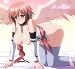  :o all_fours angel_wings ass bare_shoulders bed between_breasts blush bottomless breasts brown_hair chain collar detached_sleeves embarrassed gradient_hair green_eyes grey_legwear hair_ribbon hanging_breasts ikaros kafu large_breasts long_hair multicolored_hair nipples open_clothes open_mouth open_shirt panties panties_around_one_leg pink_hair pink_panties revision ribbon shirt solo sora_no_otoshimono thighhighs twintails underwear very_long_hair wings 