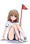  asterisk_(artist) blue_eyes blue_pants brown_hair buruma flag hair_ornament hairband idolmaster idolmaster_million_live! kneehighs light_brown_hair name_tag navy_pants pants red_flag shirt shoes short_hair sneakers socks solo suou_momoko white_hairband white_shirt white_wristband wristband 