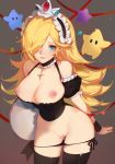  absurdres ass_visible_through_thighs bare_shoulders blonde_hair blue_eyes blush breasts breasts_outside chiko_(mario) choker cleavage cowboy_shot crown earrings flipped_hair hair_over_one_eye highres jewelry large_breasts leaning_forward long_hair looking_at_viewer maid maid_headdress mario_(series) nipples paid_reward panties parted_lips patreon_reward pussy rosetta_(mario) side-tie_panties simple_background smile solo songjikyo star super_mario_bros. super_mario_galaxy thighhighs underwear wrist_cuffs 