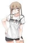  2018_fifa_world_cup blonde_hair breasts collarbone cowboy_shot facepaint german_flag germany graf_zeppelin_(kantai_collection) grey_eyes hair_between_eyes hand_on_hip high_ponytail kantai_collection short_shorts shorts sidelocks soccer soccer_uniform solo sportswear standing twintails white_background world_cup zekkyon 