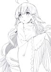  :o ahoge bird_tail commentary_request greyscale hair_tubes harpy highres kawasumi_(tk2k_jade) long_hair long_sleeves looking_away looking_to_the_side monochrome monster_girl original pointy_ears robe simple_background solo standing white_background 