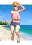  ? artist_name bare_shoulders beach blonde_hair boku_no_pico camisole carlo_montie collarbone commentary crop_top crop_top_overhang day english_commentary eyebrows_visible_through_hair eyelashes flip-flops green_eyes highres horizon lips looking_at_viewer male-female_symbol male_focus midriff navel ocean otoko_no_ko outdoors outside_border pico sand sandals shading_eyes short_hair short_shorts shorts sky smile solo spaghetti_strap sunlight walking water 