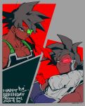  2boys armor bandana bardock black_background black_eyes black_hair commentary_request dated dragon_ball dragon_ball_z evil_smile fingernails floating food frown fruit grey_background happy_birthday holding kokusoji looking_at_viewer looking_away male_focus multiple_boys panels red_background red_bandana scouter serious short_hair simple_background smile spiked_hair tullece twitter_username upper_body 