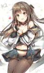  :d bangs blush breasts brown_eyes brown_hair buckle character_name cleavage collarbone commentary_request crop_top dated eyebrows_visible_through_hair ginn_(hzh770121) girls_frontline gloves hair_ornament hairclip hands_together hands_up heart highres jacket k-2_(girls_frontline) long_hair looking_at_viewer medium_breasts midriff miniskirt musical_note navel off_shoulder open_mouth panties pantyhose partly_fingerless_gloves pouch side_ponytail signature sketch skirt smile solo suspenders underwear 