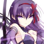  absurdres akemi_homura akuma_homura bad_id bad_twitter_id bangs bare_shoulders blurry blurry_foreground bow_(weapon) breasts drawing_bow ears_visible_through_hair elbow_gloves gloves hair_between_eyes hair_ribbon highres holding holding_bow_(weapon) holding_weapon left-handed long_hair looking_at_viewer mahou_shoujo_madoka_magica mahou_shoujo_madoka_magica_movie misteor purple_eyes purple_hair red_ribbon ribbon solo weapon white_background 