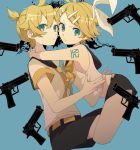  &gt;:/ 1girl :t aqua_eyes arm_tattoo arms_around_neck bare_arms bare_shoulders blonde_hair bow brother_and_sister cheek-to-cheek crop_top eiku flat_chest frown gun hair_bow hair_ornament hairclip highres hug kagamine_len kagamine_rin looking_at_viewer midriff neckerchief necktie number_tattoo pout protected_link sailor_collar shirt short_hair short_ponytail shorts siblings sleeveless sleeveless_shirt tattoo twins v-shaped_eyebrows vocaloid weapon yellow_neckwear 
