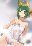  ahoge alternate_hairstyle animal_ears arm_support atalanta_(fate) blonde_hair blush breasts cat_ears cleavage fate/apocrypha fate/grand_order fate_(series) green_eyes green_hair groin hair_between_eyes looking_at_viewer naked_towel pout short_hair small_breasts solo steam sweat tanaka_arumi thighs towel 