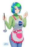  apron arms_up artist_name bangs blue_hair blue_pants bow breasts brown_eyes carlo_montie closed_mouth denim earth-chan frilled_apron frills green_hair green_shirt highres holding horizontal_stripes jeans ladle legs_together long_sleeves looking_at_viewer mature medium_breasts mole mole_under_eye multicolored_hair nasa_logo older original pants parted_bangs personification pink_bow shirt short_hair simple_background smile solo standing striped striped_bow turtleneck two-tone_bow two-tone_hair waist_apron white_apron white_background white_bow 