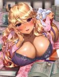  ahoge amaryllis areola_slip areolae ass blonde_hair blurry book book_stack bra breasts cardigan chin_rest cleavage come_hither commentary_request depth_of_field earrings eyebrows_visible_through_hair fang gyaru hair_ornament hairclip jewelry kogal lace lace-trimmed_bra large_breasts lipstick long_hair looking_at_viewer loose_socks lying makeup manga_(object) nail_polish no_shoes ogino_atsuki on_stomach open_book open_cardigan open_clothes open_shirt ouga_saki panties pink_cardigan pov purple_bra purple_panties red_eyes red_nails school_uniform skirt skirt_lift solo star star_earrings underwear virtual_youtuber white_legwear 