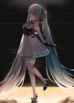  absurdly_long_hair aqua_eyes aqua_hair arms_behind_back backlighting commentary_request dress elbow_gloves eyebrows_visible_through_hair from_side full_body gloves hatsune_miku high_heels highres interlocked_fingers long_hair looking_at_viewer miku_symphony_(vocaloid) moegi0926 smile solo thighhighs twintails very_long_hair vocaloid white_legwear zettai_ryouiki 