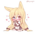  animal_ears apron bad_id bad_pixiv_id bangs black_bow blonde_hair blue_eyes blush bow chibi commission dress fang fox_ears g41_(girls_frontline) girls_frontline hair_between_eyes hair_bow heart heterochromia highres holding holding_tray honyang kneehighs long_hair looking_at_viewer low_twintails maid nose_blush open_mouth red_eyes short_sleeves sidelocks simple_background sitting solo tray twintails twitter_username waist_apron wariza white_apron white_background white_legwear 