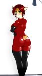  2018 anthro big_breasts blush bodysuit breasts buffbumblebee_(artist) butt cervine clothed clothing digital_drawing_(artwork) digital_media_(artwork) female fur gloves hair hi_res legwear looking_at_viewer mammal rubber shiny shy skinsuit solo thick_thighs tight_clothing 