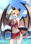  :d absurdres artist_name bikini black_bikini_bottom blonde_hair blue_sky breasts cleavage cloud commission cowfee day dragon_girl dragon_tail dragon_wings eyebrows_visible_through_hair fang head_fins highres horns jewelry large_breasts lens_flare long_hair looking_at_viewer monster_girl navel open_mouth outdoors pendant ponytail red_bikini_top red_sarong sarong sky slit_pupils smile solo swimsuit tail water wings yellow_eyes 